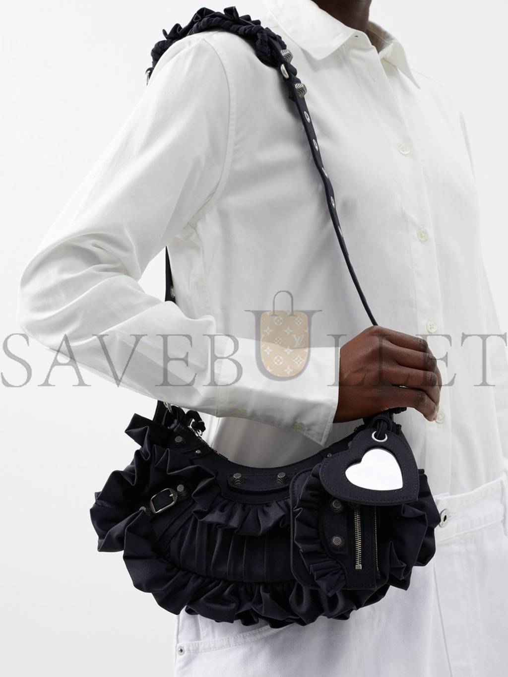 BALENCIAGA BLACK LE CAGOLE XS RUFFLED SPANDEX SHOULDER BAG  MATCHESFASHION US (25.6*11.4*7.3cm)