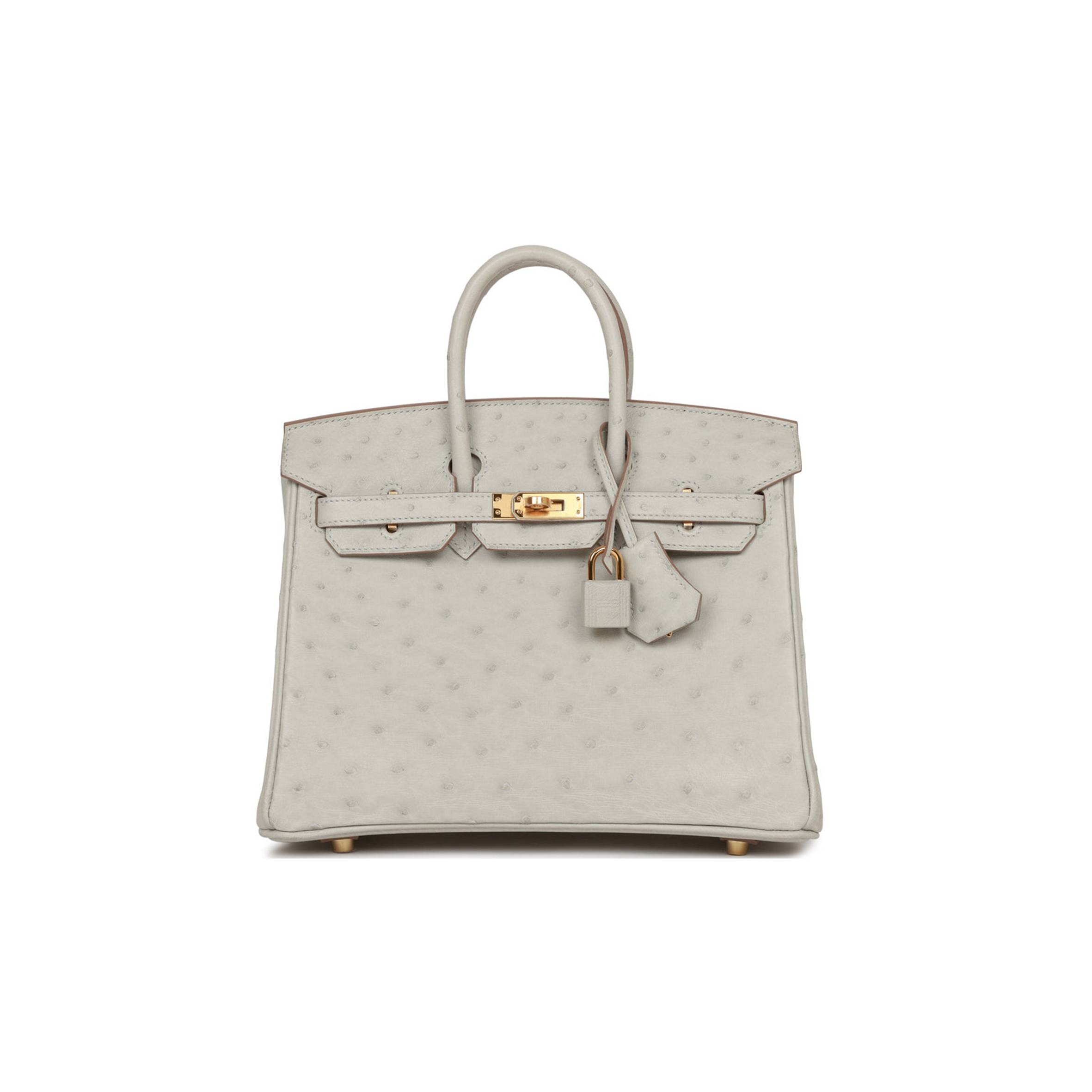 HERMES BIRKIN 25 GRIS PERLE OSTRICH GOLD HARDWARE HANDMADE (25cm)