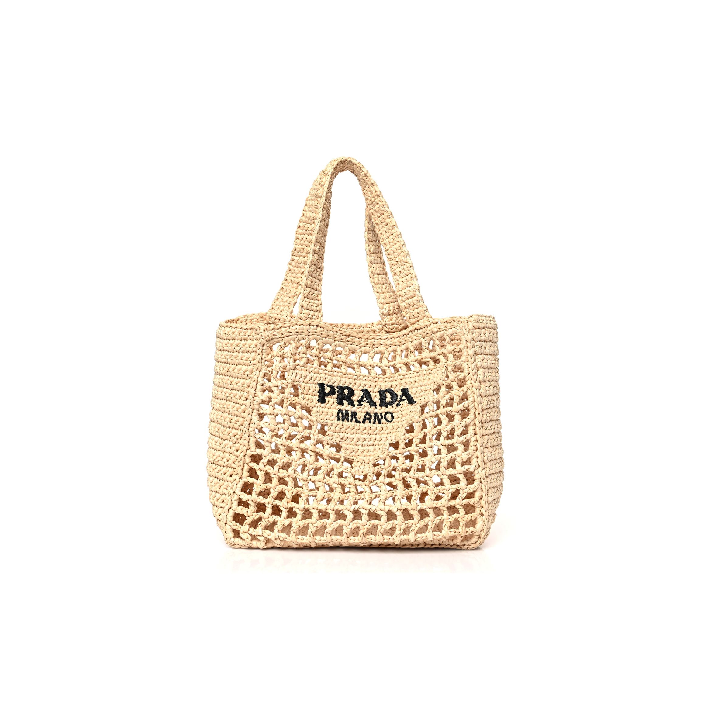 PRADA RAFFIA EMBROIDERED SMALL LOGO TOTE BAG NATURALE (21*21*11cm)