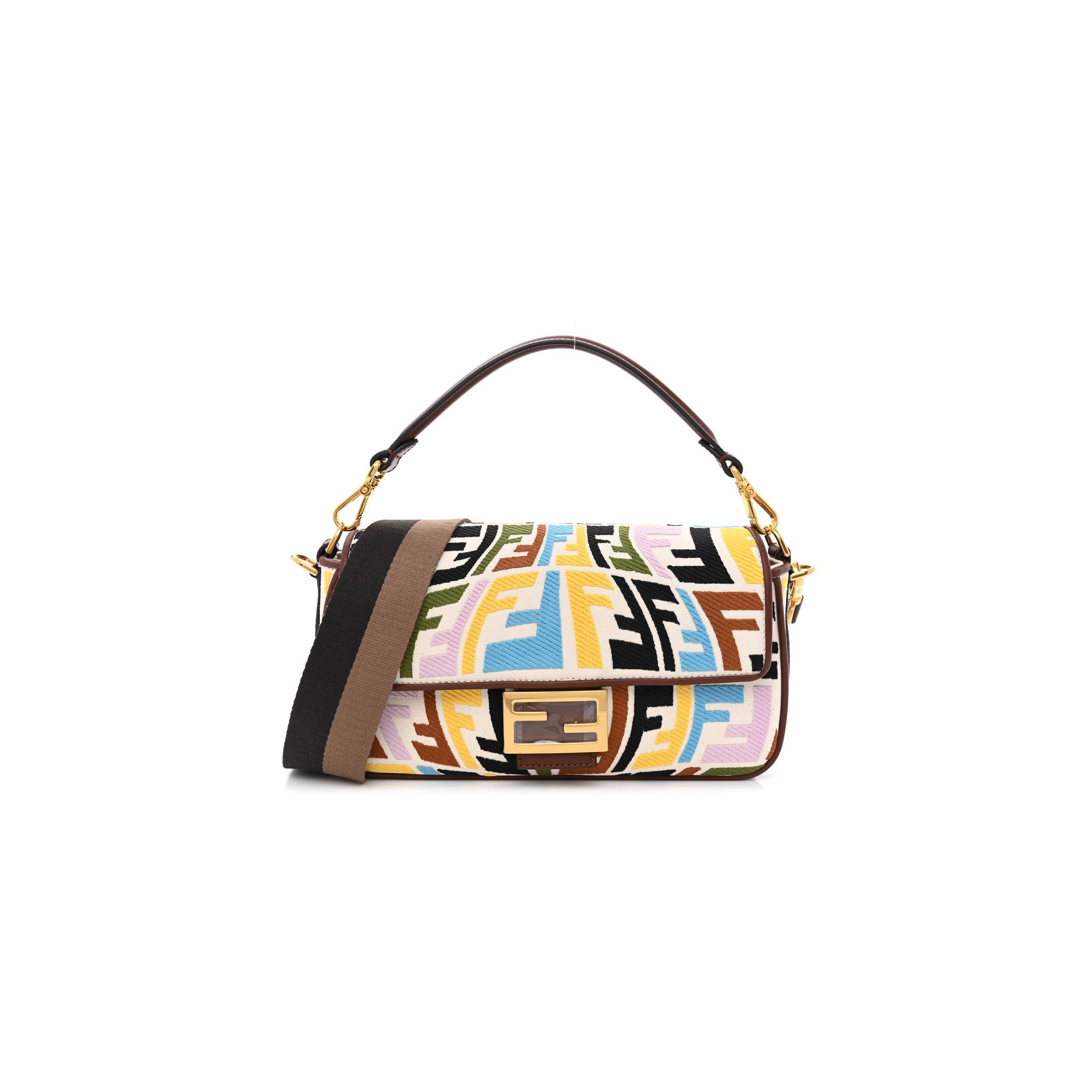 FENDI X SARA COLEMAN CANVAS VITELLO KING SETA FF FISH EYE EMBROIDERED BAGUETTE GREZZO MULTICOLOR GHIANDA (28*15*6cm)